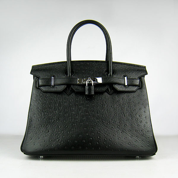 Replica Hermes Birkin 30CM Ostrich Veins Handbag Black 6088 On Sale - Click Image to Close